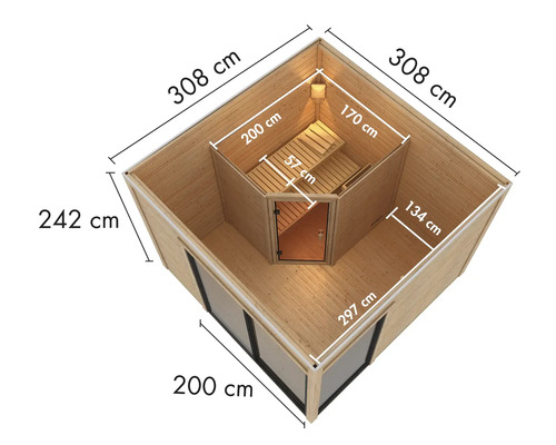 Vue de dessus d''un sauna de jardin avec indications de dimensions.