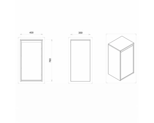 Dessin technique d''une armoire de salle de bain avec des dimensions de 400 x 350 x 760 millimètres.