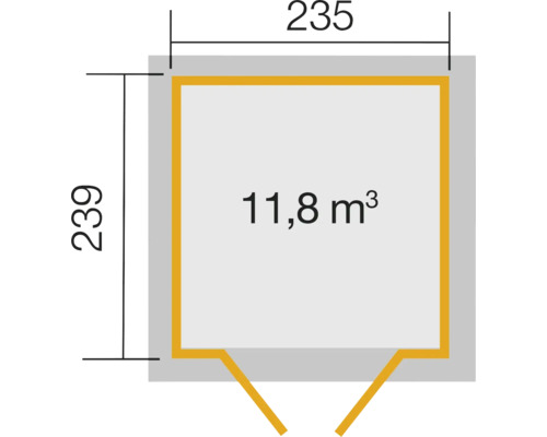 Plan avec dimensions 235 x 239 cm et volume 11,8 mètres cubes