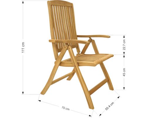 Chaise de jardin en teck avec accoudoirs et dimensions