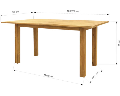 Ausziehbarer Gartentisch aus Teakholz mit den Maßen 160/200 x 90 x 75 cm