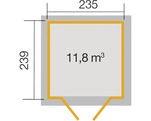 Plan avec dimensions 235 sur 239 et un volume de 11,8 mètres cubes