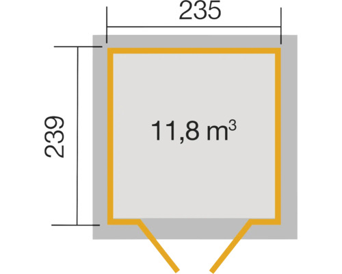 Plan avec des dimensions de 235 sur 239 centimètres et un volume de 11,8 mètres cubes