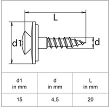 Zeichnung einer Schraube mit den Maßen 15 mm, 4,5 mm und 20 mm.