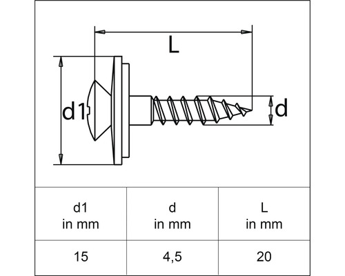 Zeichnung einer Schraube mit den Maßen 15 mm, 4,5 mm und 20 mm.