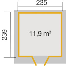 Illustration der Abmessungen: 235 mal 239 mit 11,9 Kubikmeter