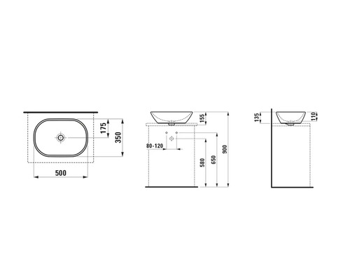 Technische Zeichnung eines Aufsatzwaschtisches mit Maßangaben