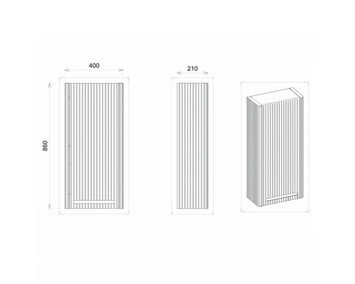 Technische Zeichnung eines Badezimmer-Hochschranks mit den Maßen 400 x 210 x 860 mm.