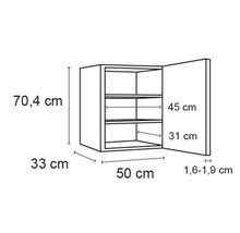 Technische Zeichnung eines Hängeschranks mit den Maßen 70,4 cm Höhe, 33 cm Tiefe und 50 cm Breite.