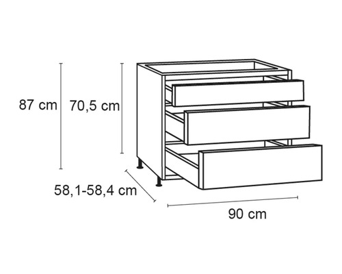 Schéma d''un meuble bas avec trois tiroirs et indications de dimensions.