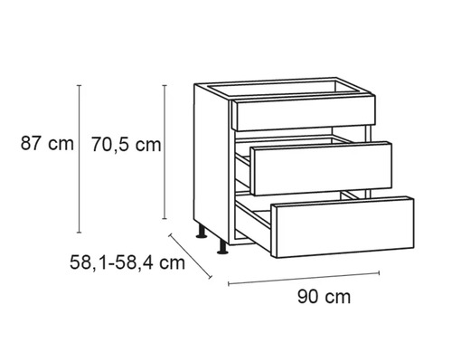 Abbildung eines Küchenunterschranks mit Schubladen und den Maßen 87 cm Höhe, 90 cm Breite und einer Tiefe von 58,1 bis 58,4 cm.