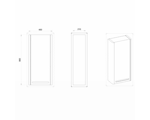 Technische Zeichnung eines Hochschranks mit den Maßen 400 x 210 x 860 Millimeter.