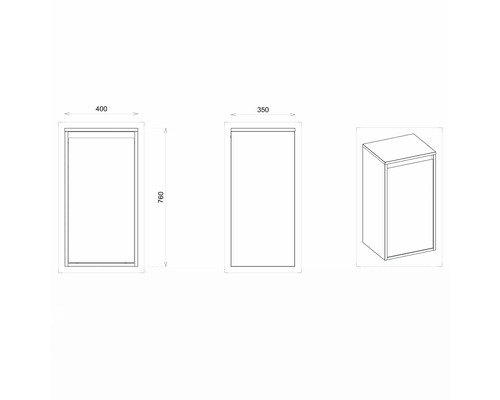 Dessin technique d''une armoire haute de salle de bain avec les dimensions 400 x 350 x 760 mm.