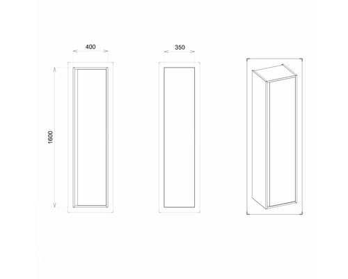 Dessin technique d''une armoire mesurant 400, 350 et 1600 millimètres.