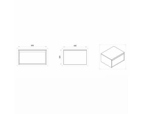 Schéma technique d''un meuble sous-lavabo avec indications de dimensions.