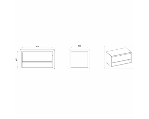 Schéma d''un meuble sous-vasque avec dimensions.