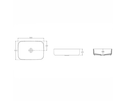 Technische Zeichnung eines Aufsatzwaschbeckens mit Maßangaben