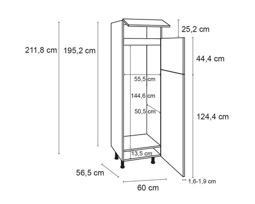 Schéma technique d''une armoire ouverte avec dimensions