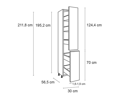 Technische Zeichnung eines Küchenschranks mit Maßangaben