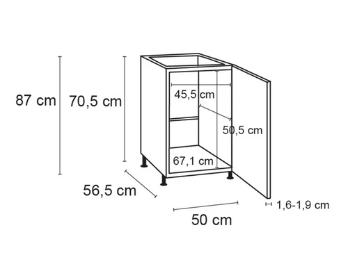 Skizze eines Küchenunterschranks mit Maßangaben