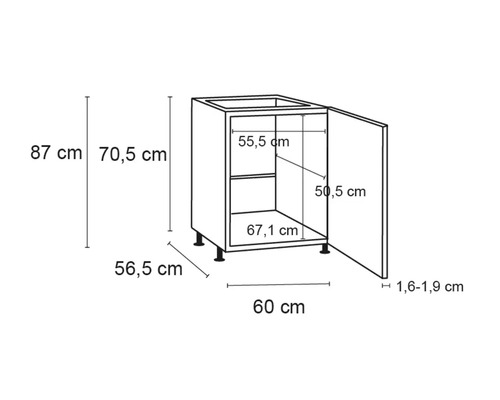Schemazeichnung eines Küchenunterschranks mit Maßen