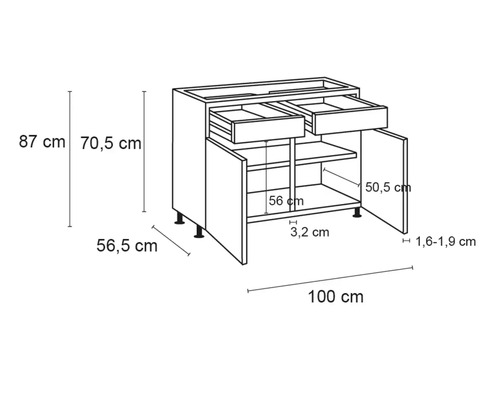 Dessin technique d''un meuble sous-vasque avec tiroirs, portes et dimensions