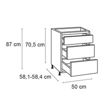 Schrank mit drei Schubladen und Maßangaben