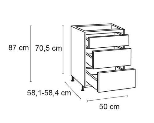 Schrank mit drei Schubladen und Maßangaben