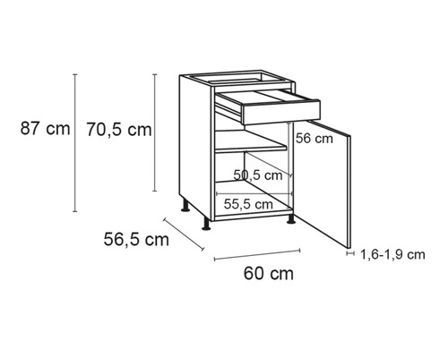 Skizze eines Küchenunterschranks mit Schublade, Regalen und Maßen