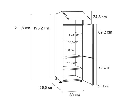 Technische Zeichnung eines offenen Hochschranks mit Größenangaben