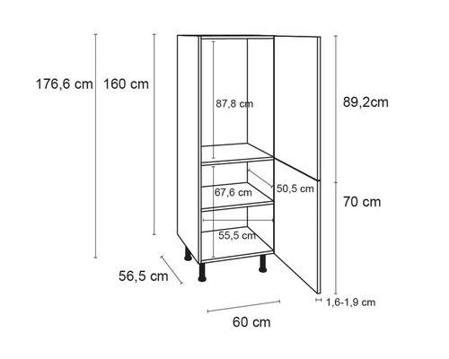 Abbildung eines Küchenschranks mit Maßangaben