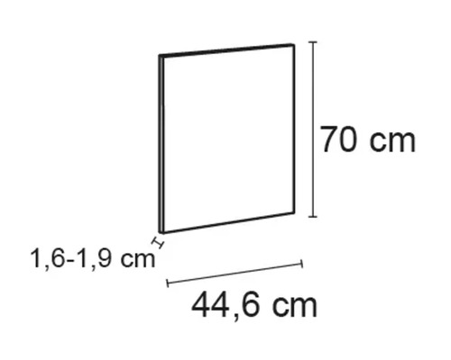 Abbildung eines Schrankelements mit den Maßen 70 cm Höhe, 44,6 cm Breite und 1,6 bis 1,9 cm Dicke.
