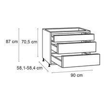 Schéma d''un meuble bas avec trois tiroirs et indications de dimensions