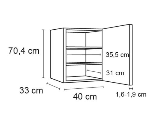 Dimensionszeichnung eines Hängeschranks mit einer Tür und drei Fächern
