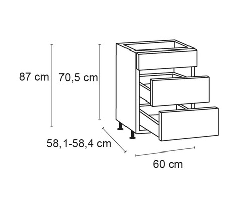Schéma d''un meuble bas de cuisine avec trois tiroirs et indications de dimensions.