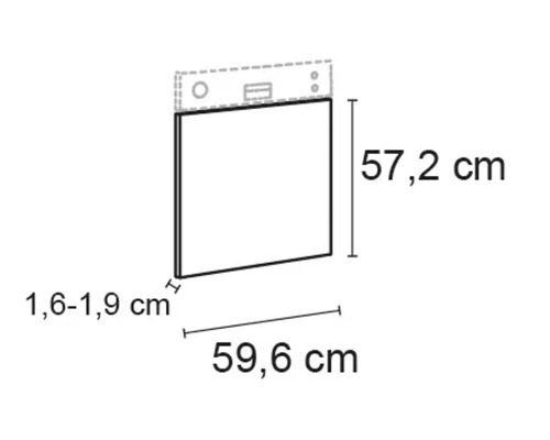 Produktzeichnung mit Maßangaben 57,2 cm Höhe, 59,6 cm Breite und 1,6 bis 1,9 cm Tiefe