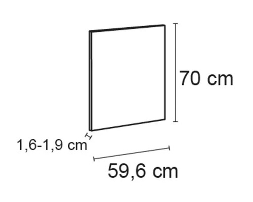 Produktzeichnung mit den Maßen 70 cm Höhe, 59,6 cm Breite und 1,6 bis 1,9 cm Tiefe
