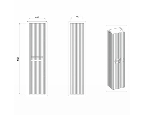 Dessin technique d''une armoire de salle de bain mesurant 400 x 330 x 1720 millimètres