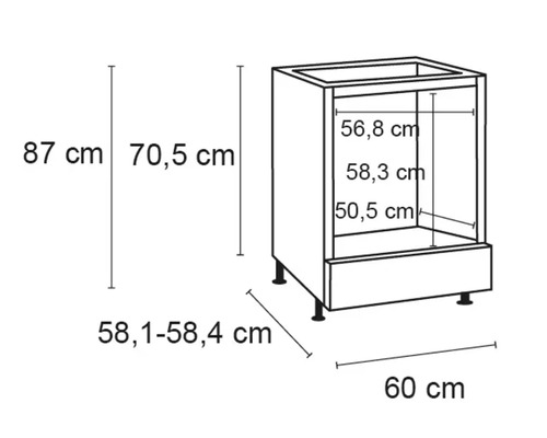 Schéma d''un meuble bas de cuisine avec dimensions