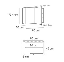 Maßzeichnung eines Spiegelschranks mit den Maßen 70,4 cm Höhe, 33 cm Tiefe, 39,6 cm Breite und 80 cm Länge