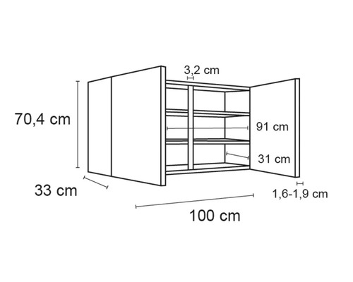 Technische Zeichnung eines Wandschranks mit Maßangaben.