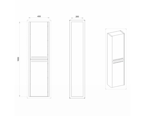 Dessin technique d''une armoire haute mesurant 1650x450x260 millimètres.