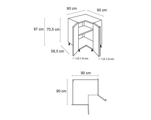 Schéma technique d''un meuble bas d''angle avec dimensions