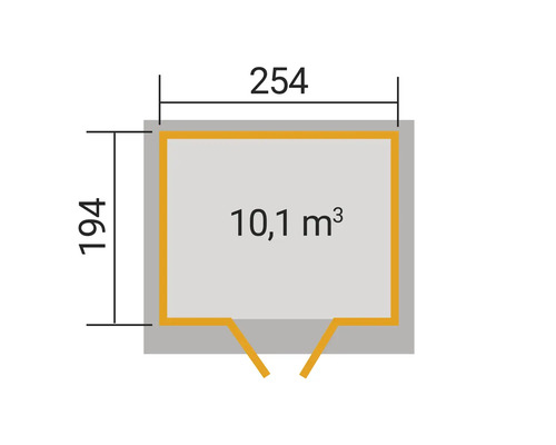 Grundriss mit Angabe der Maße 254 mal 194 Zentimeter und einem Rauminhalt von 10,1 Kubikmetern