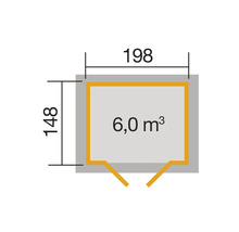 Grundriss einer Gartenlaube mit den Maßen 148 mal 198 Zentimeter und einem Volumen von 6,0 Kubikmetern