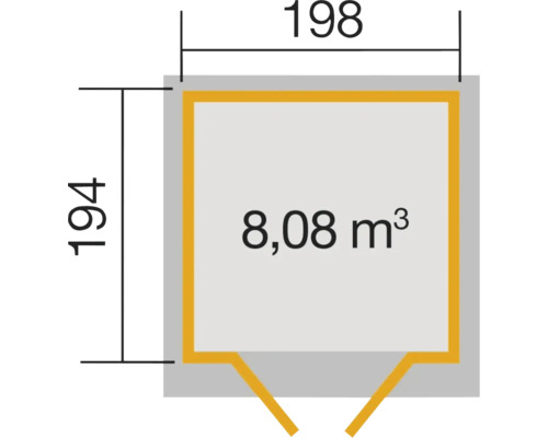 Plan avec dimensions : 198 x 194 cm et volume de 8,08 mètres cubes