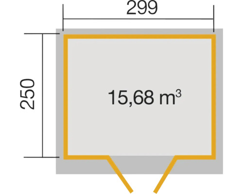 Plan avec les dimensions 250 sur 299 et un volume de 15,68 mètres cubes