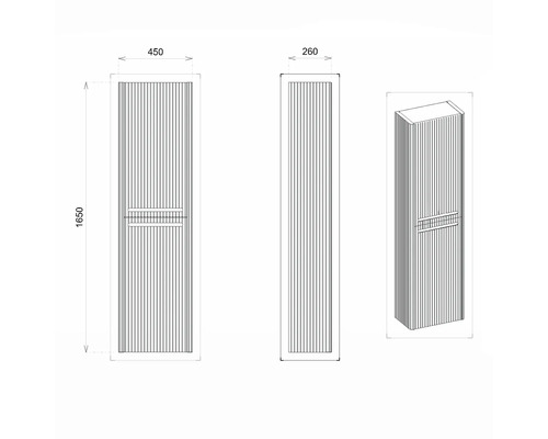 Zeichnung eines Badschranks mit Abmessungen 1650 mm Höhe, 450 mm Breite und 260 mm Tiefe.