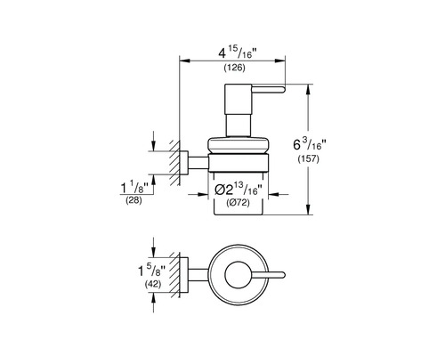 Maßzeichnung einer Armatur mit Angabe der Abmessungen in Zoll und Millimetern