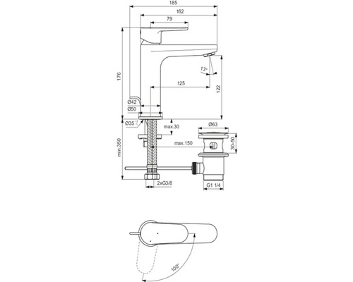 Technische Zeichnung einer Armatur mit Maßangaben